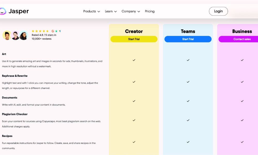 An image showcasing the pricing plans for Jasper AI, including the jasper ai cost for unlimited words content creation.