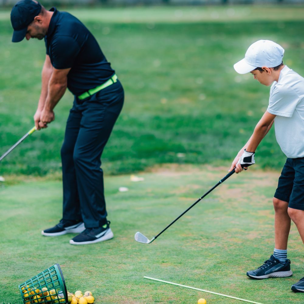 A golfer practicing their full swing fundamentals